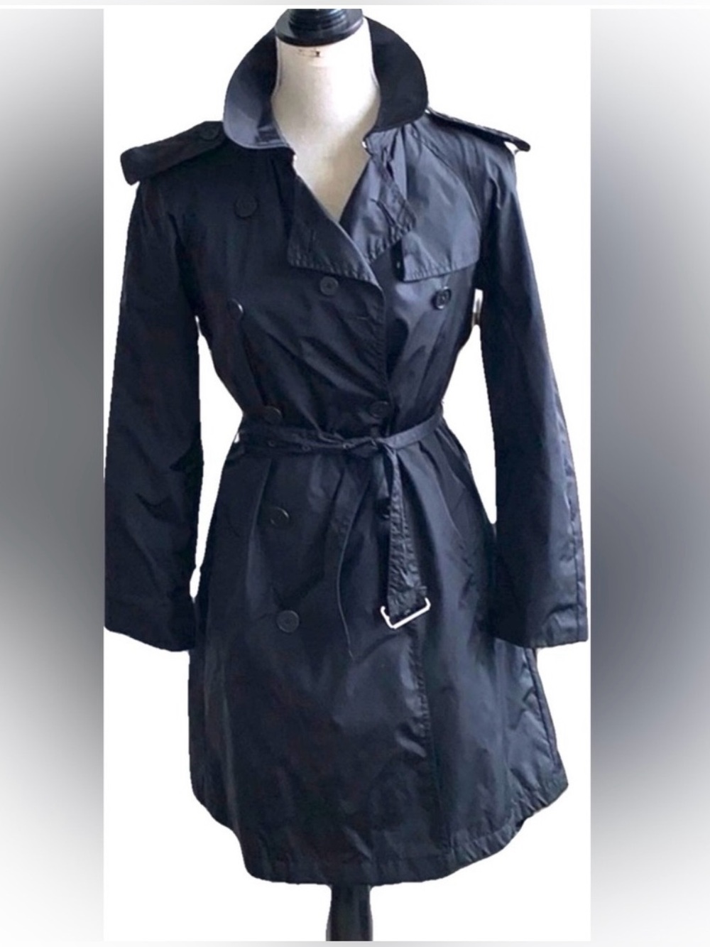 Burberry London Mid-Length French Pleated Trench Coat Black & Nova Check US 4